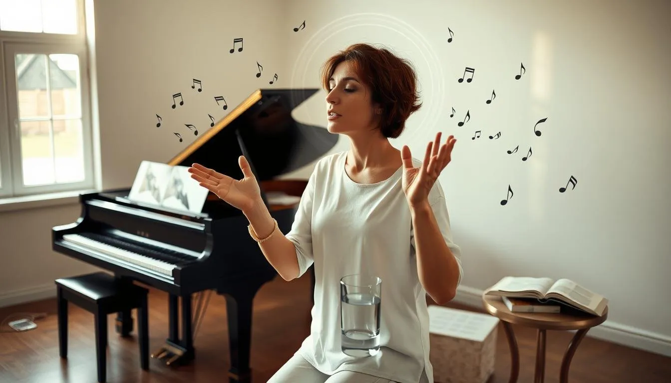 Mujer practicando canto junto a un piano de cola con notas musicales flotando a su alrededor