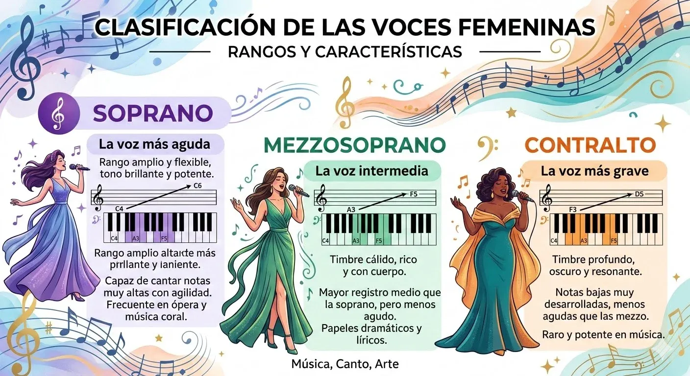 Rangos de las voces femeninas: soprano, mezzosoprano y alto