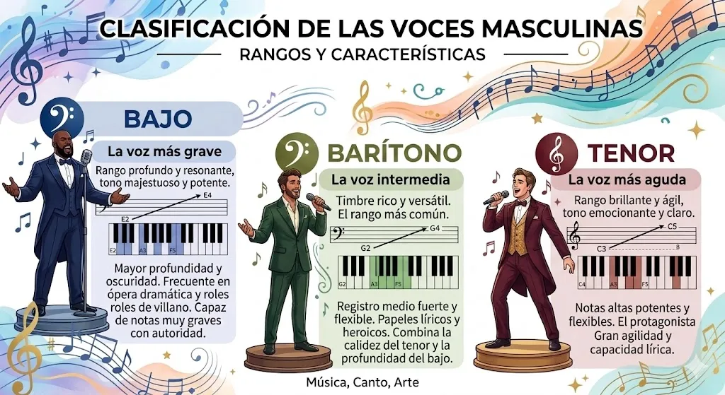 Rangos de las voces masculinas: tenor, barítono y bajo